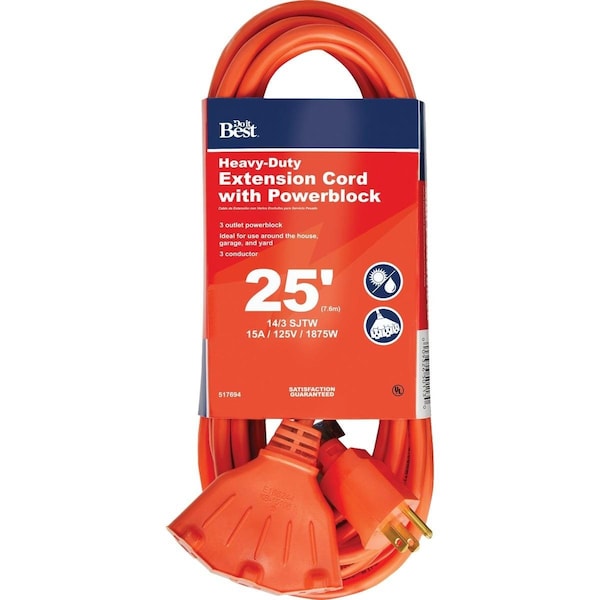 All-Source SJTW Extension Cord, 14 AWG, Indoor/Outdoor, 14/3, 3 Outlets, Orange, 25 ft OP-JTW143-25-OR - main